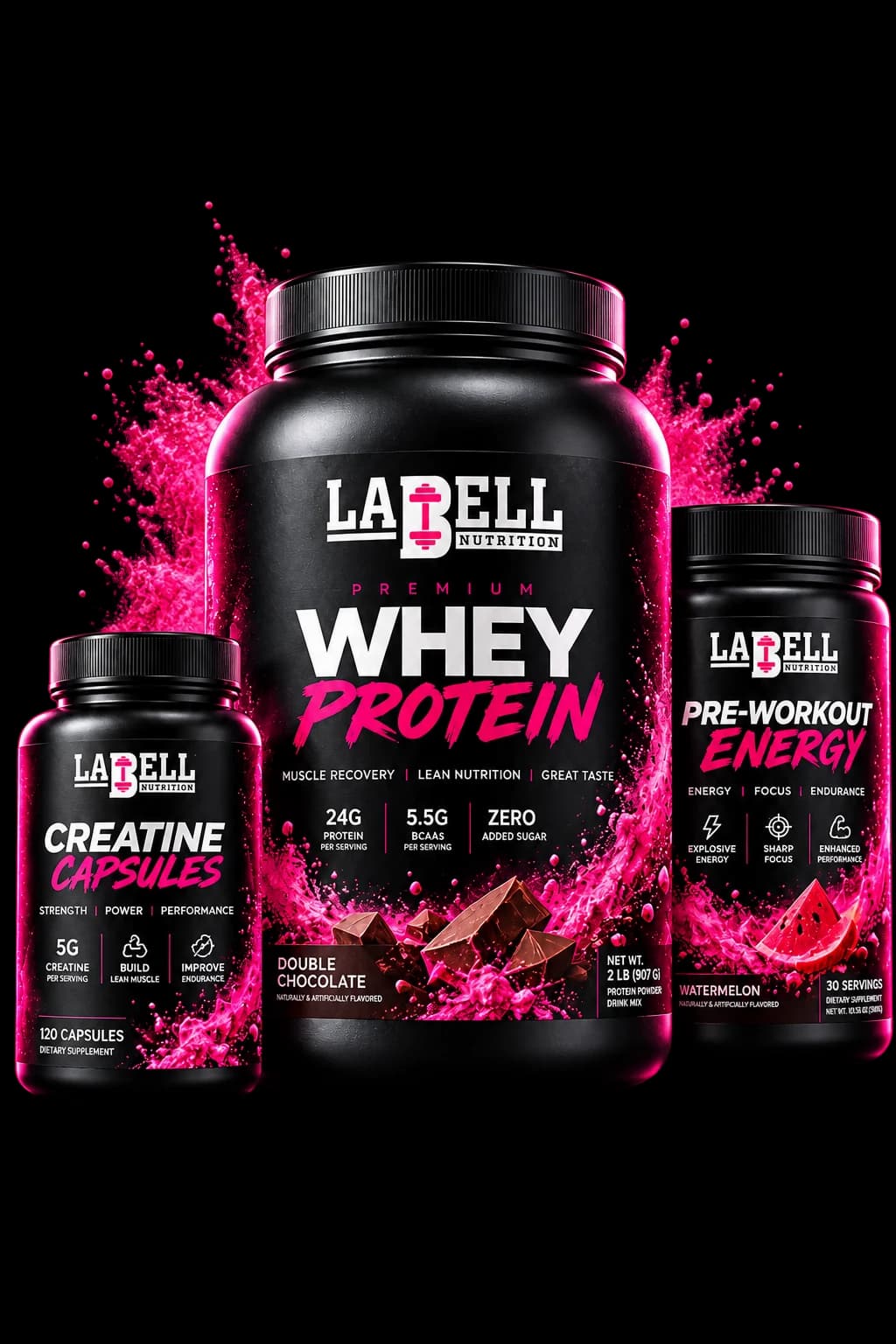 La Bell Nutrition whey protein, creatine capsules and pre-workout energy